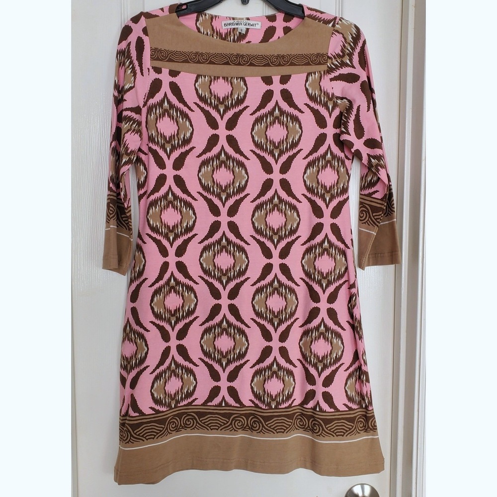 Barbara Gerwit Shift Dress Pink Brown Ikat Print 3/4 Sleeve Cotton Lycra S